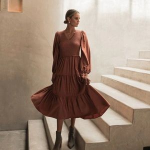 Bohme Smocked Tiered Midi Dress in Rust